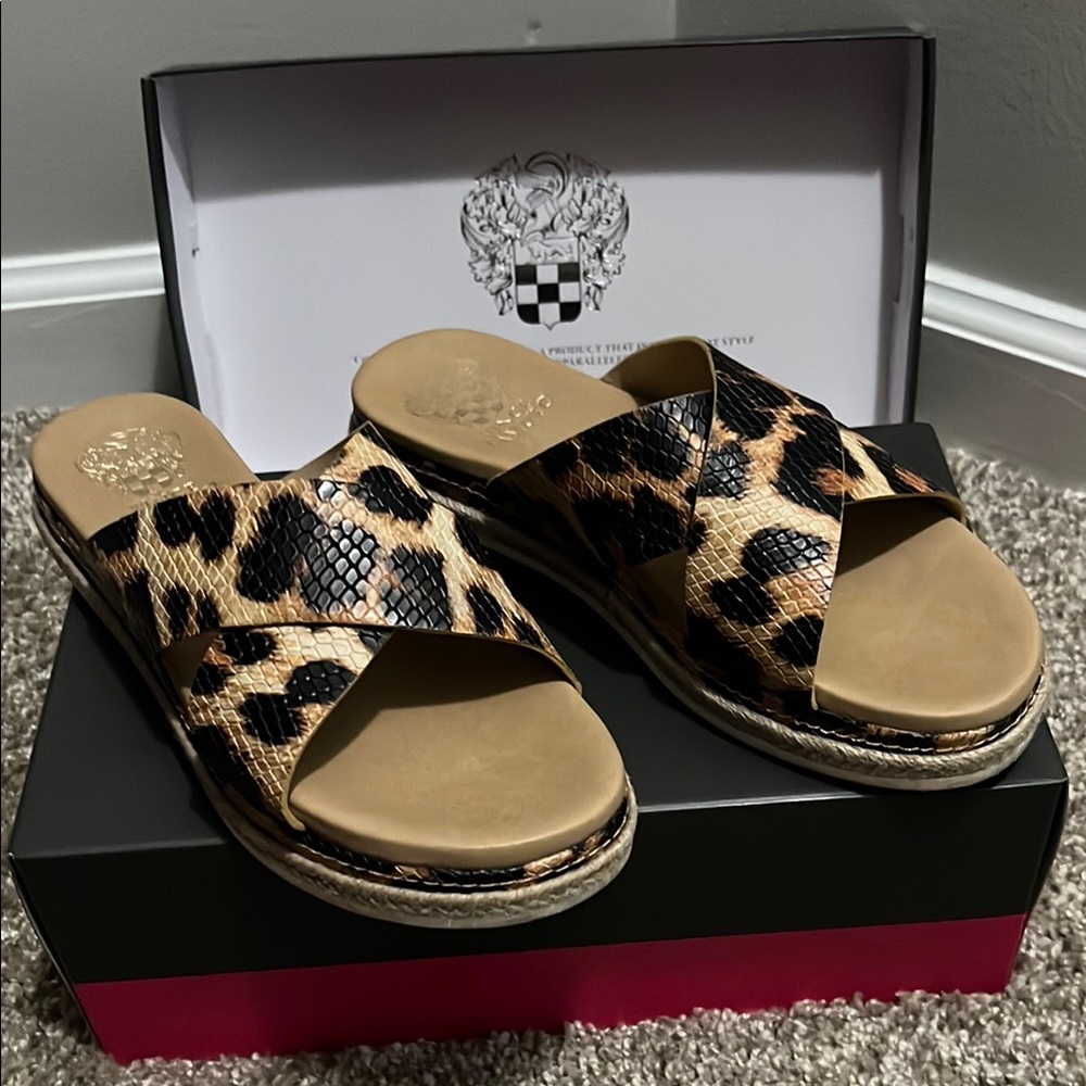 Vince Camuto Tan and Black Leopard Sandals